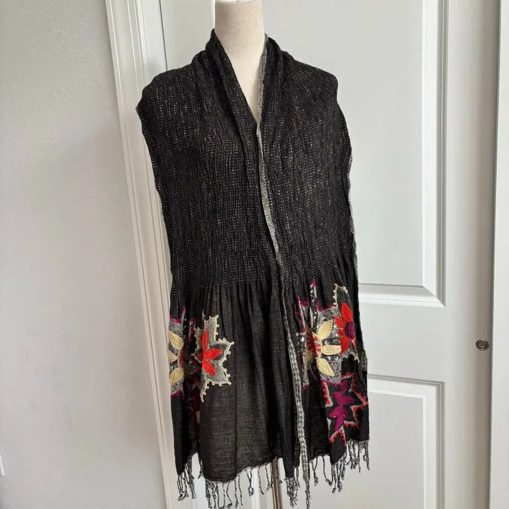 Embroidered Floral Smocked Pashmina Shawl Wrap Scarf Boho Fringe Reversible